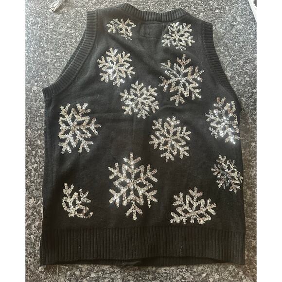 Tipsy Elves Black Sweater Vest w/Sequin Snowflakes - Picture 3 of 5